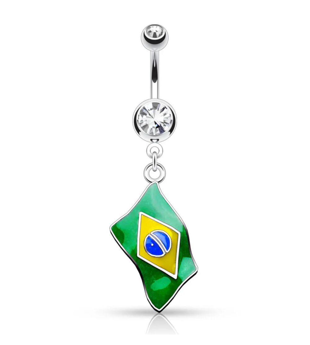 Brazil  Flag Dangle Belly Ring – 14G 316L Surgical Steel | CZ Gem Top